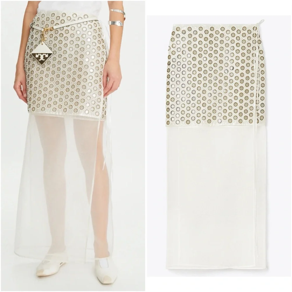 NWT TORY BURCH Mirror-Embellished Double-Layer Midi Skirt $2,398